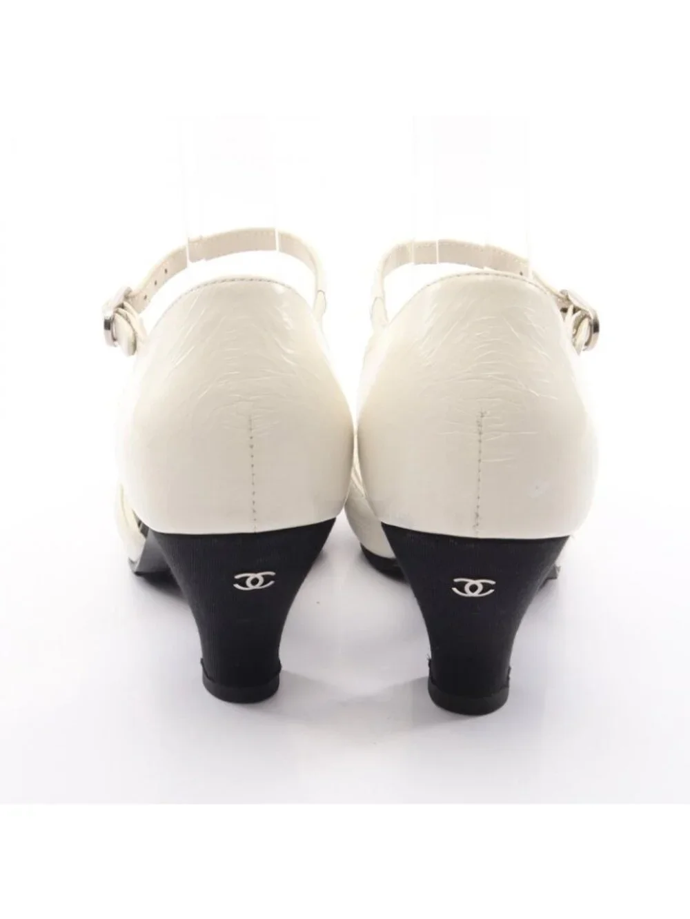 Chanel Pumps Pointed Toe Ribbon Leather Fabric Heel 36